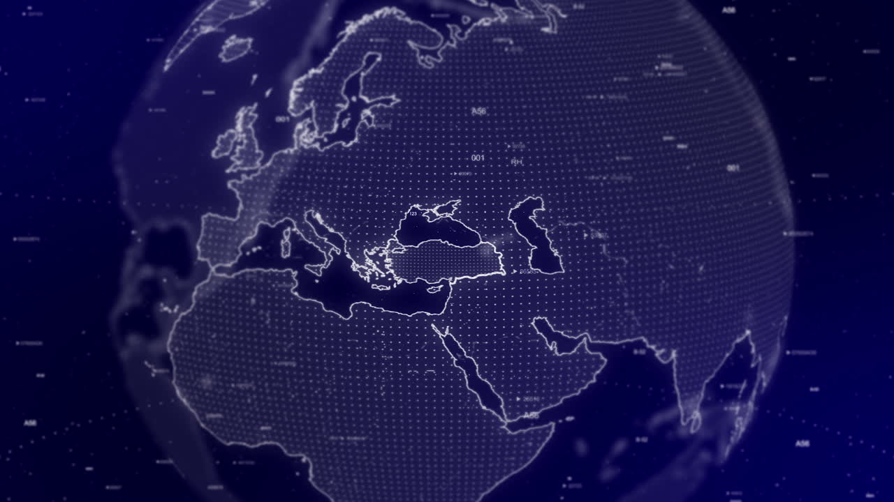 영화적 인 비디오 배경 은 디지털 지구 가 회전 하고, 터키 나라 를 확대 하고 있는 것 을 보여 준다