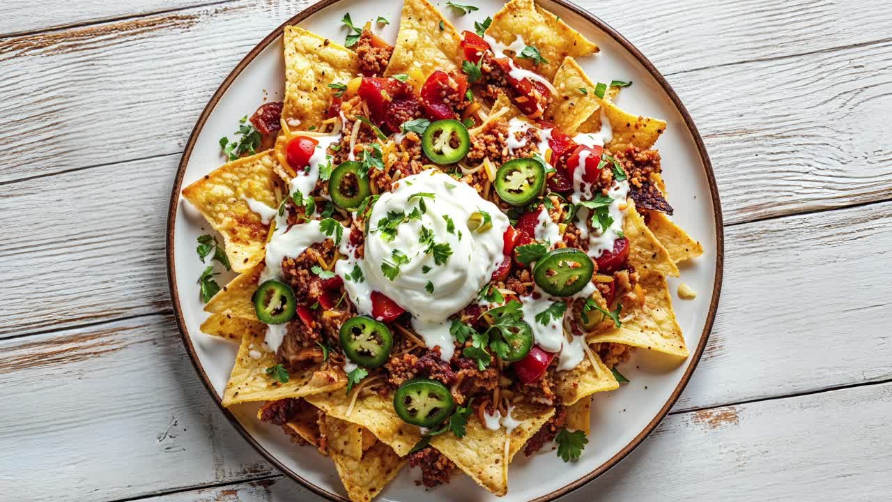 nachos de carne casera con crema agria, jalapeños y tomates
