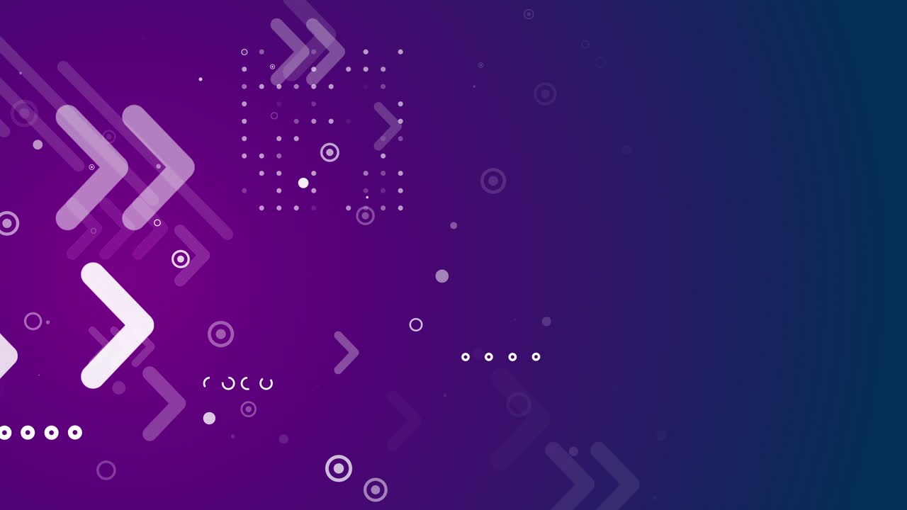 Bright arrows direction pointers on purple gradient abstract background with geometric shapes. Business looped banner.