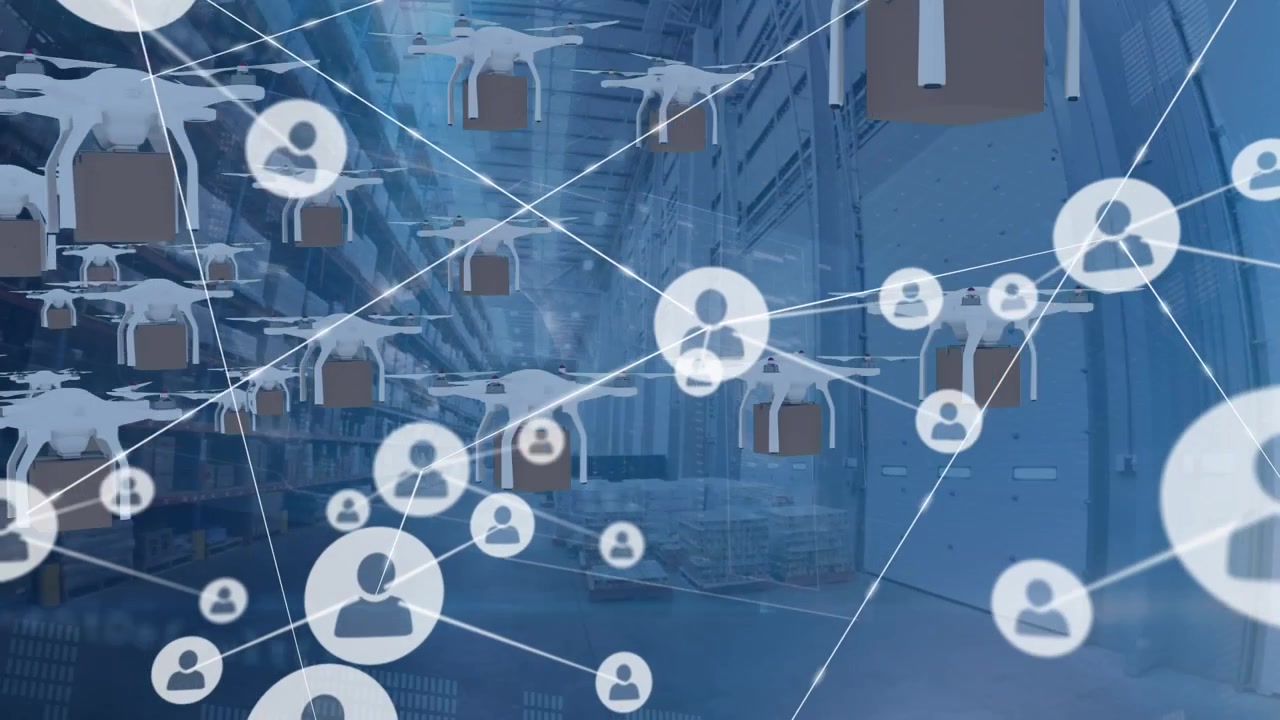 Animation of network of connections with icons and delivery drones over warehouse