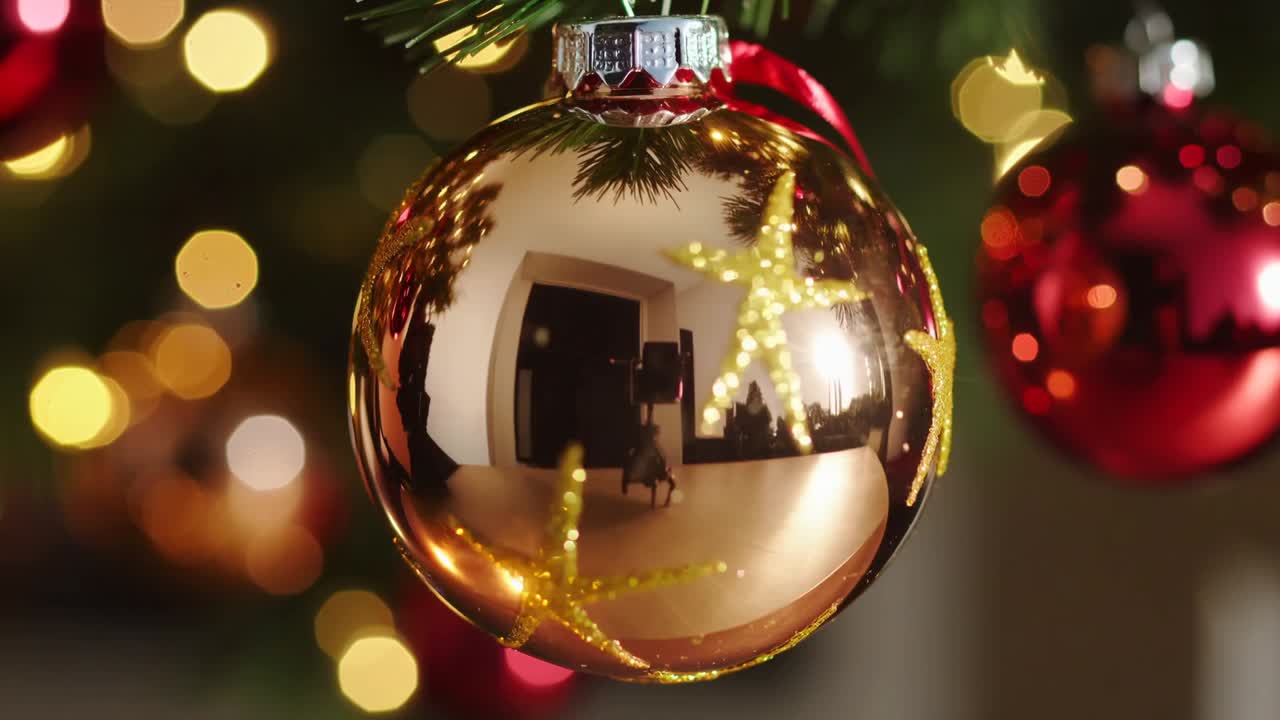 Rotating gold bauble on branch in home after movement, showing red ribbon, stars, camera reflection