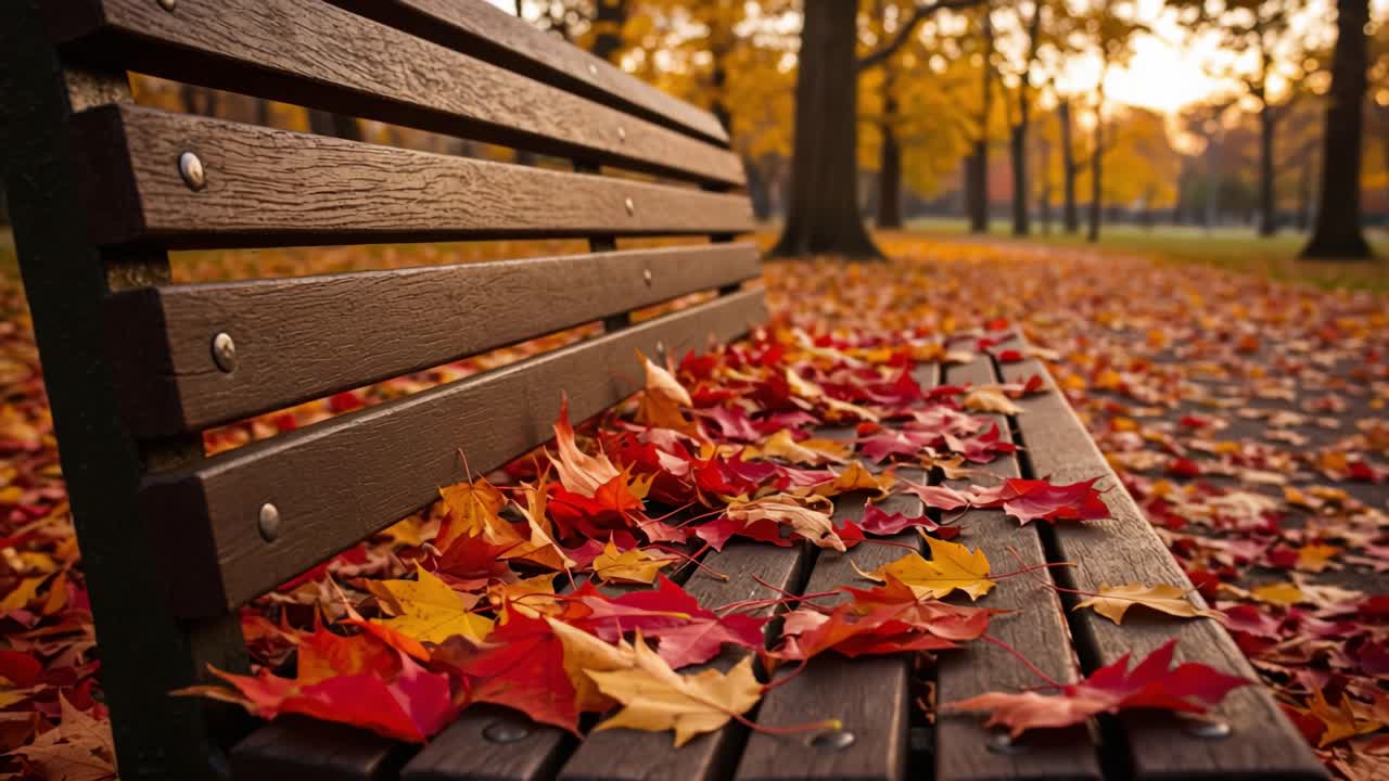 A Serene Autumn Scene: A Wooden Bench Adorned with Colorful Leaves Capturing the Tranquil Beauty of Fall in a Calm Park Setting
