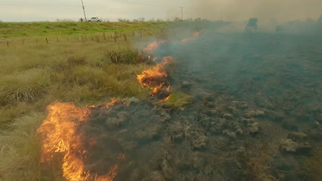 burning-grassland-to-recultivate-the-farmland,-smoke-and-flames,-burning-grass,-drone-overview-shot,-fireline-FPV,-aerial-flight-forest-fire,-4k,-truck-driving-on-road