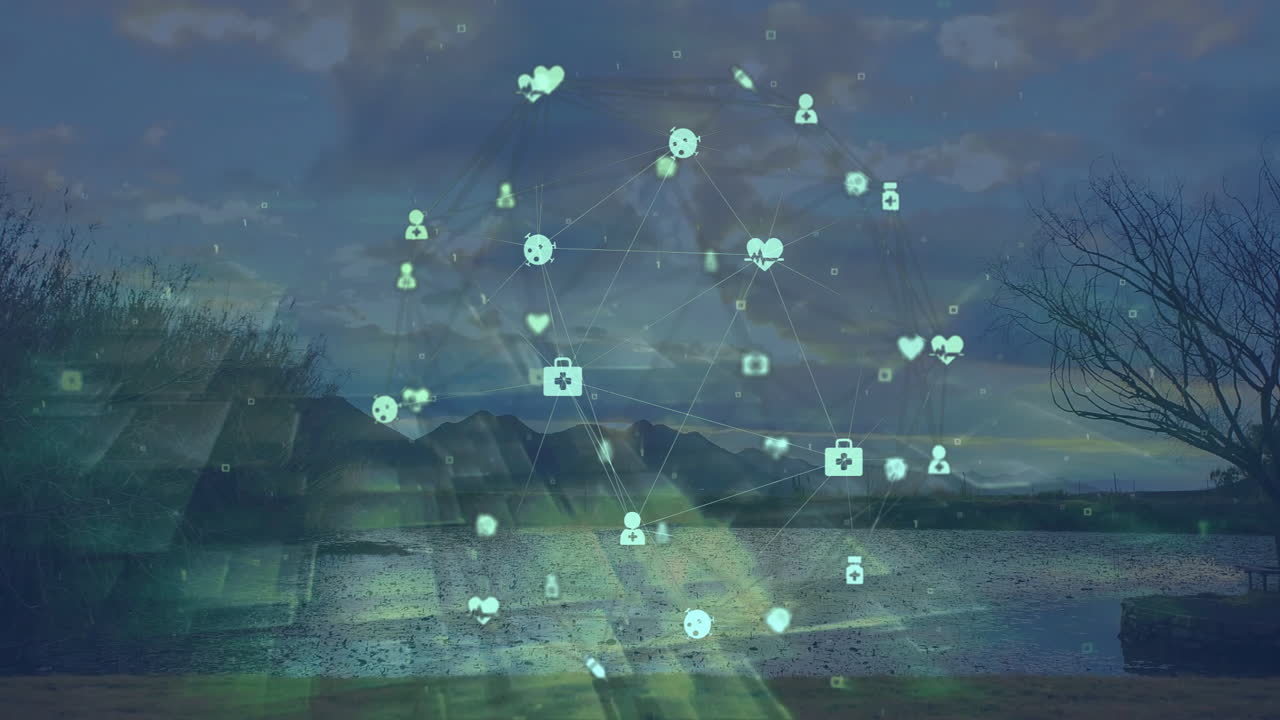 Animation of social media icons connecting over serene mountain landscape