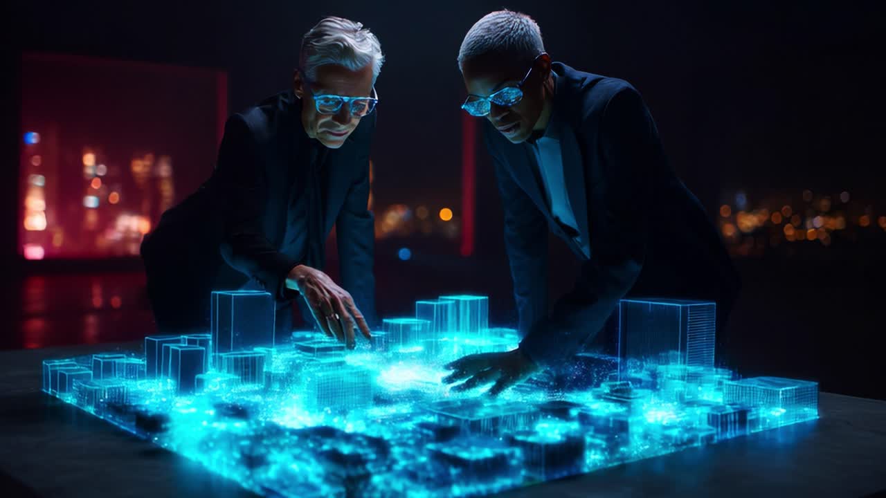 Two Individuals Engaged in a Futuristic Holographic Interaction, Analyzing a Vibrant, Digital Cityscape Made of Light and Data, in a Dark, Urban Environment