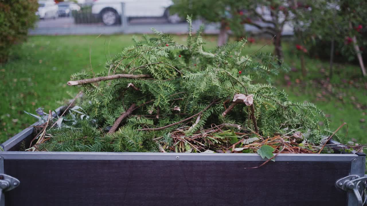 Close-up of the back of a trailer in a traditional German garden, showing tree and shrub cuttings inside, with a neighbor’s driveway visible in the background, highlighting everyday garden activity