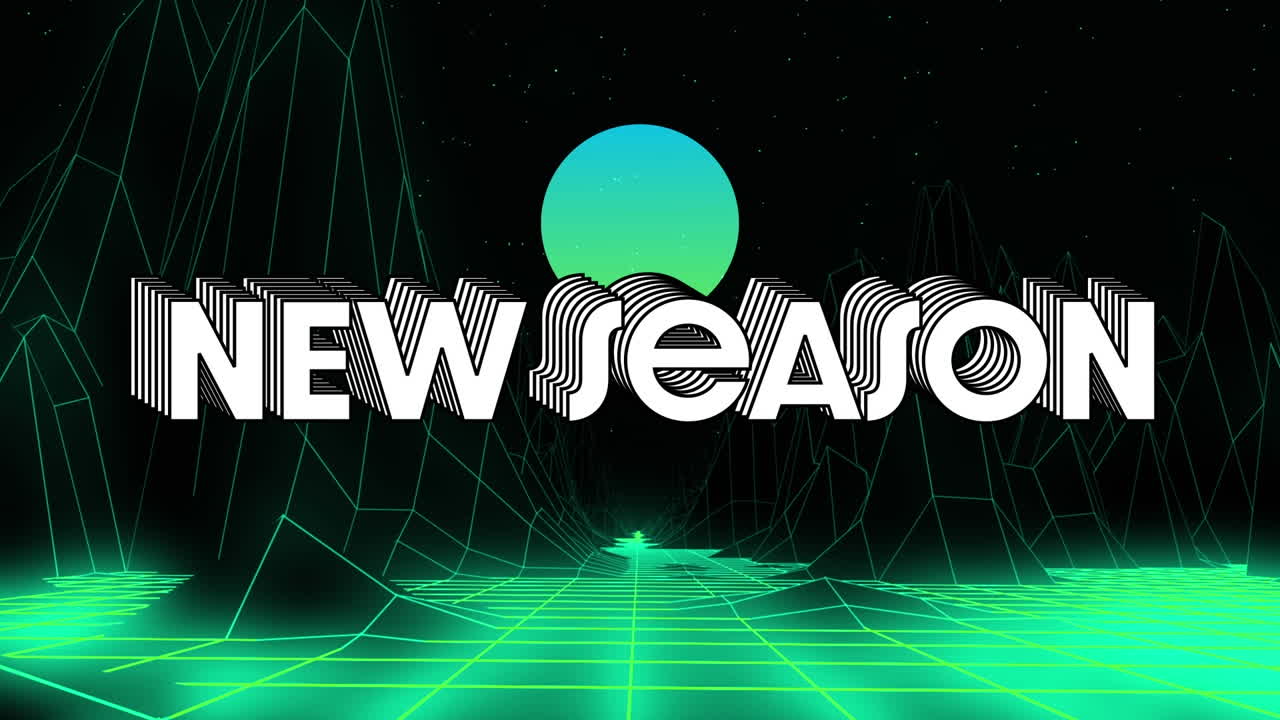 animación de la nueva temporada en texto blanco sobre luna verde y paisaje de cuadrícula sobre fondo negro