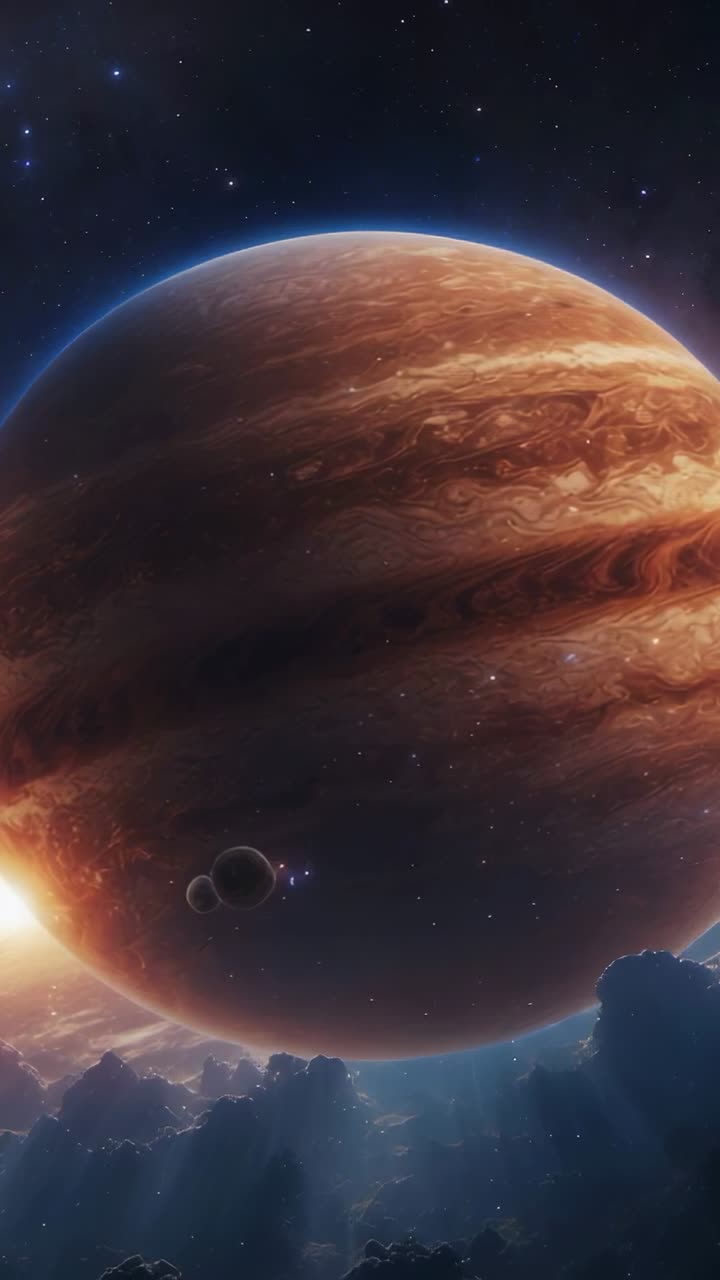 Vertical video: Opening view showing gas giant swirling over nebula, star peeking, moons orbiting