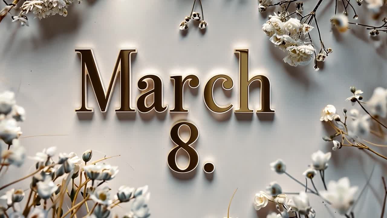 March 8th International Women's Day with Elegant Gold Text and White Flowers
