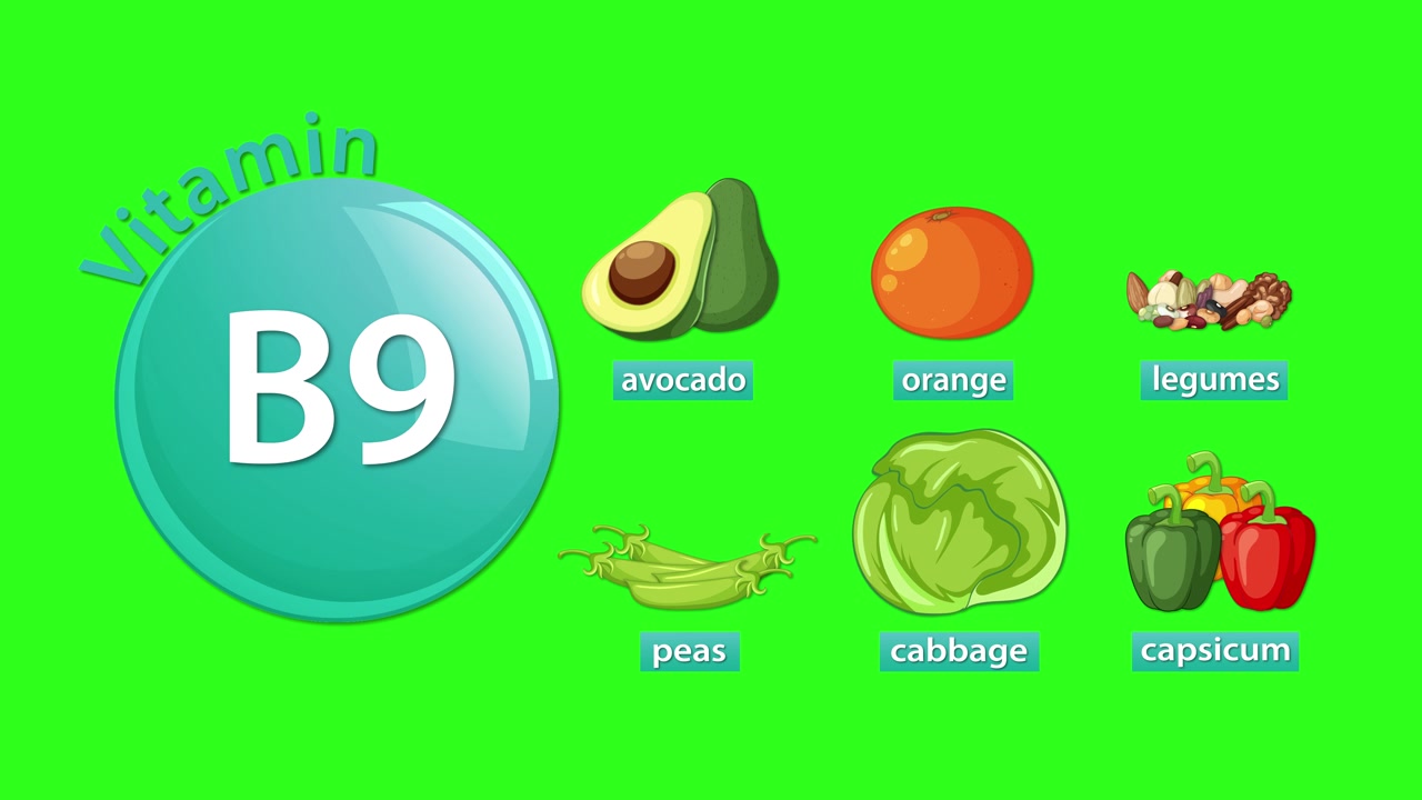 Infografica animata che evidenzia gli alimenti ricchi di vitamina B9 con transizioni fluide su uno sfondo verde brillante