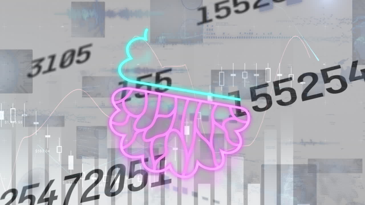 animación de un procesamiento de datos e iconos sobre las estadísticas