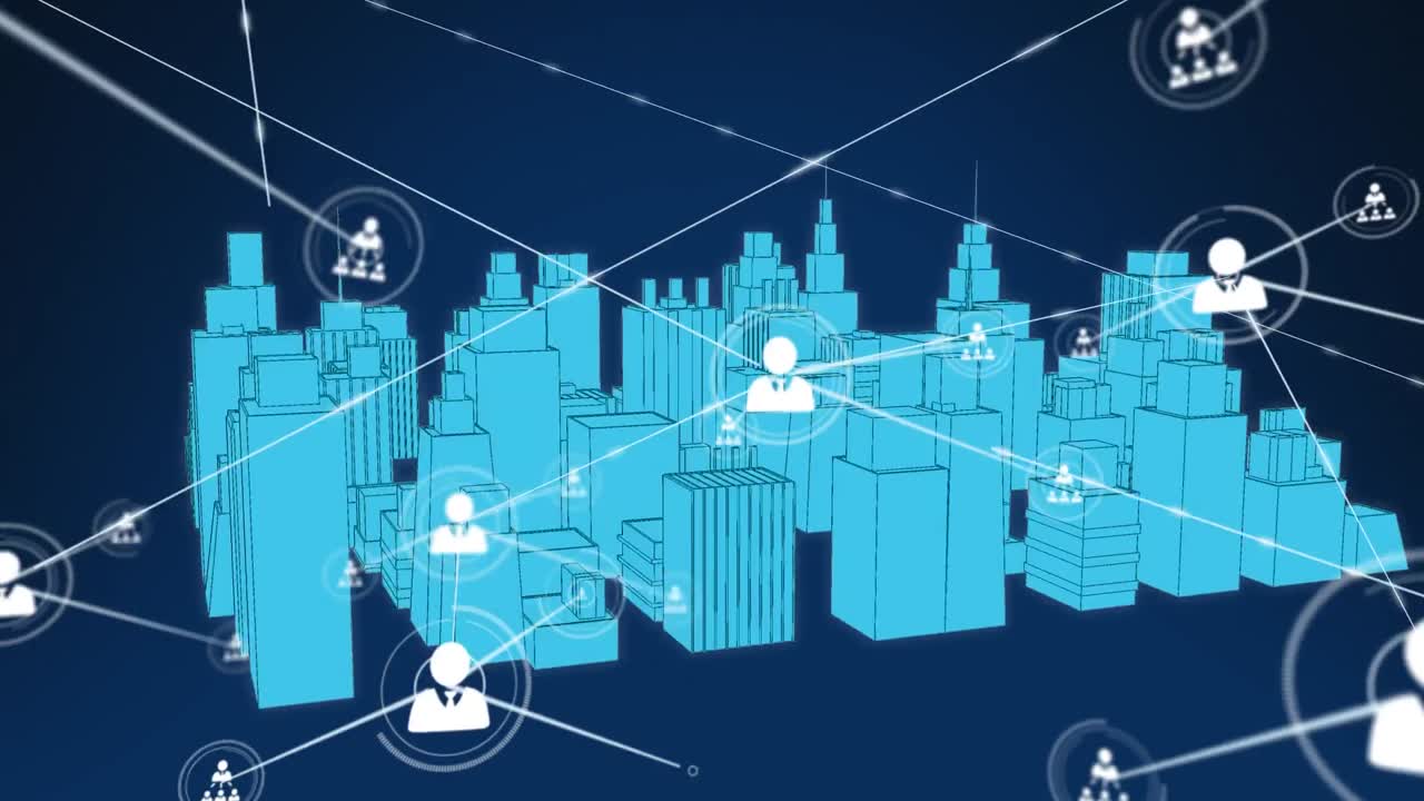 검은색 바탕에 디지털 도시 풍경 위에 아이콘으로 연결된 네트워크의 애니메이션