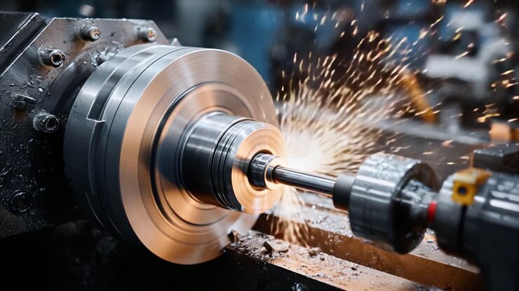 Lavorazione Meccanica di Precisione in Azione: Una Visione Ravvicinata del Processo di Lavorazione dei Metalli con Tornio Rotante, Trucioli Metallici Scintillanti e Operazione CNC Dettagliata.
