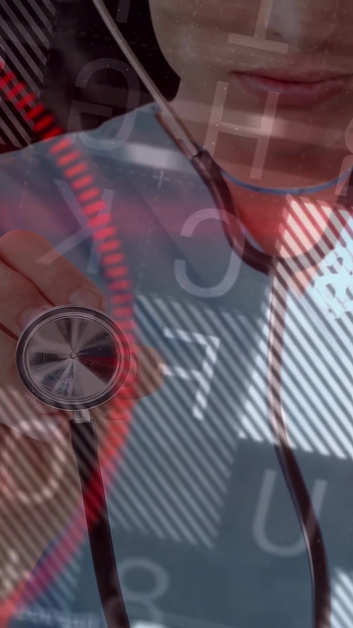 Vertical video: Doctor moving stethoscope forward, causing medical HUD red vitals shifting for exam