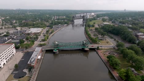 bridges in joliet, illinois along the des plaines river with drone video moving forward