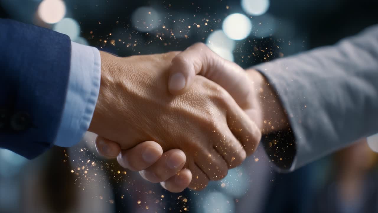 A Firm Handshake Signifying Agreement and Collaboration: Two Business Partners Engaging in a Trust-Building Moment in a Professional Environment