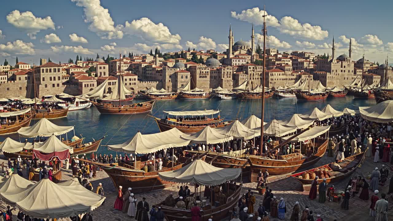 A vibrant marketplace scene in a historical setting, captured from a low-angle