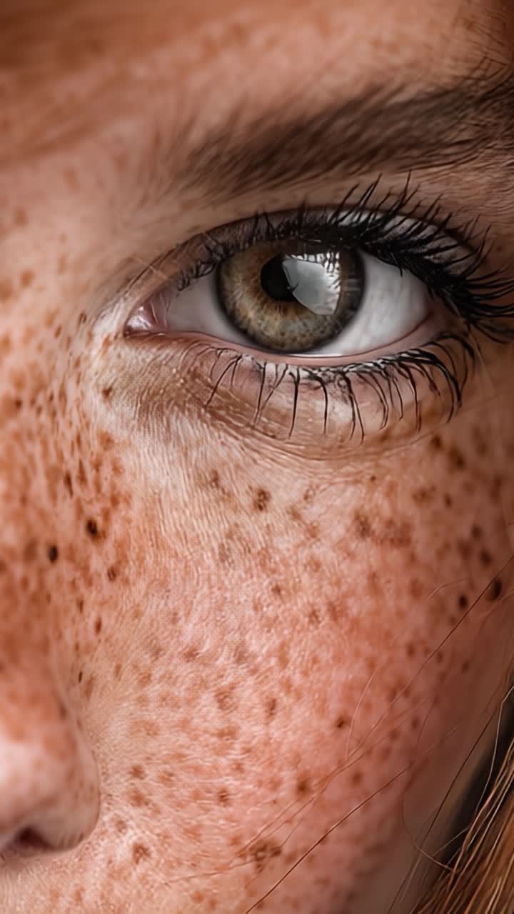 Un ritratto ravvicinato che cattura le complessità della pelle lentigginosa e un occhio ammaliante con tonalità di marrone e grigio, mettendo in risalto la bellezza naturale e la texture.