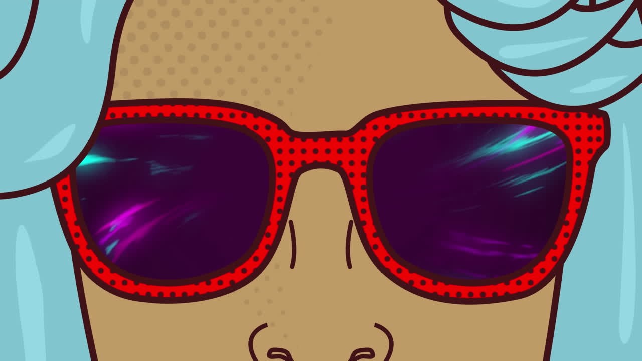 animación de una mujer con gafas de sol icono contra ondas digitales en fondo púrpura