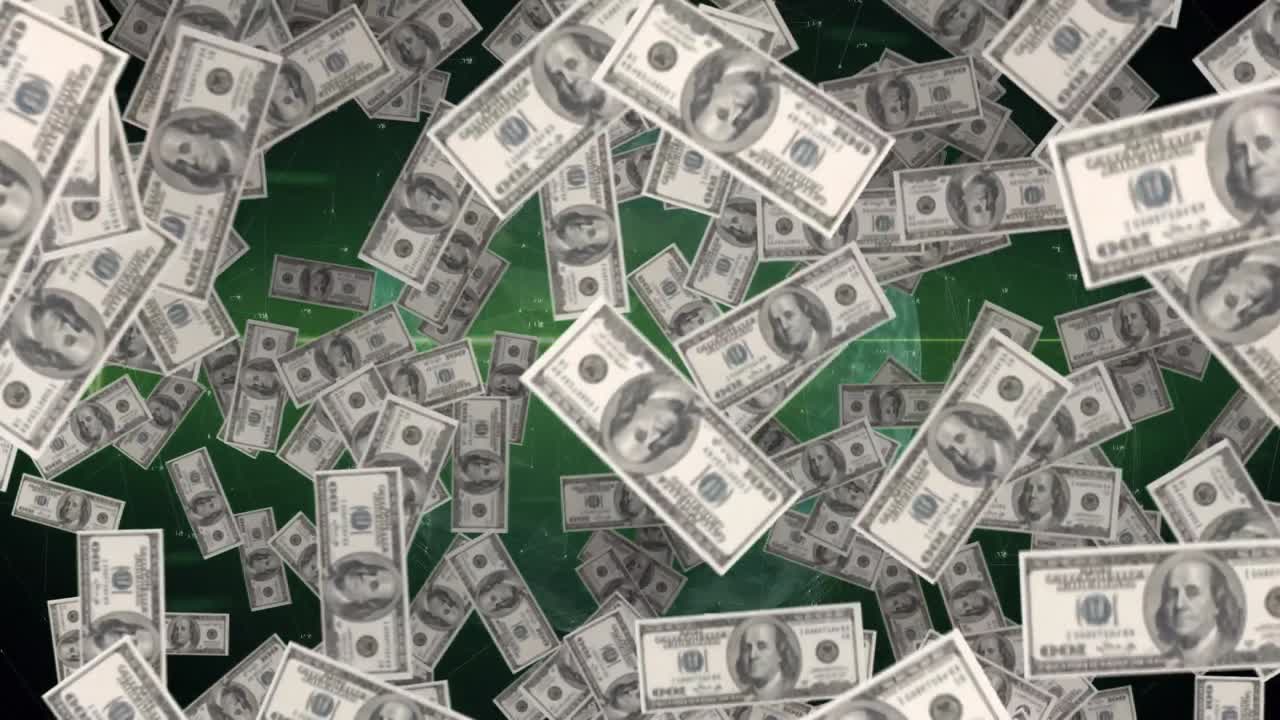 animación de billetes de dólares estadounidenses flotando sobre un monitor de frecuencia cardíaca y un mapa del mundo