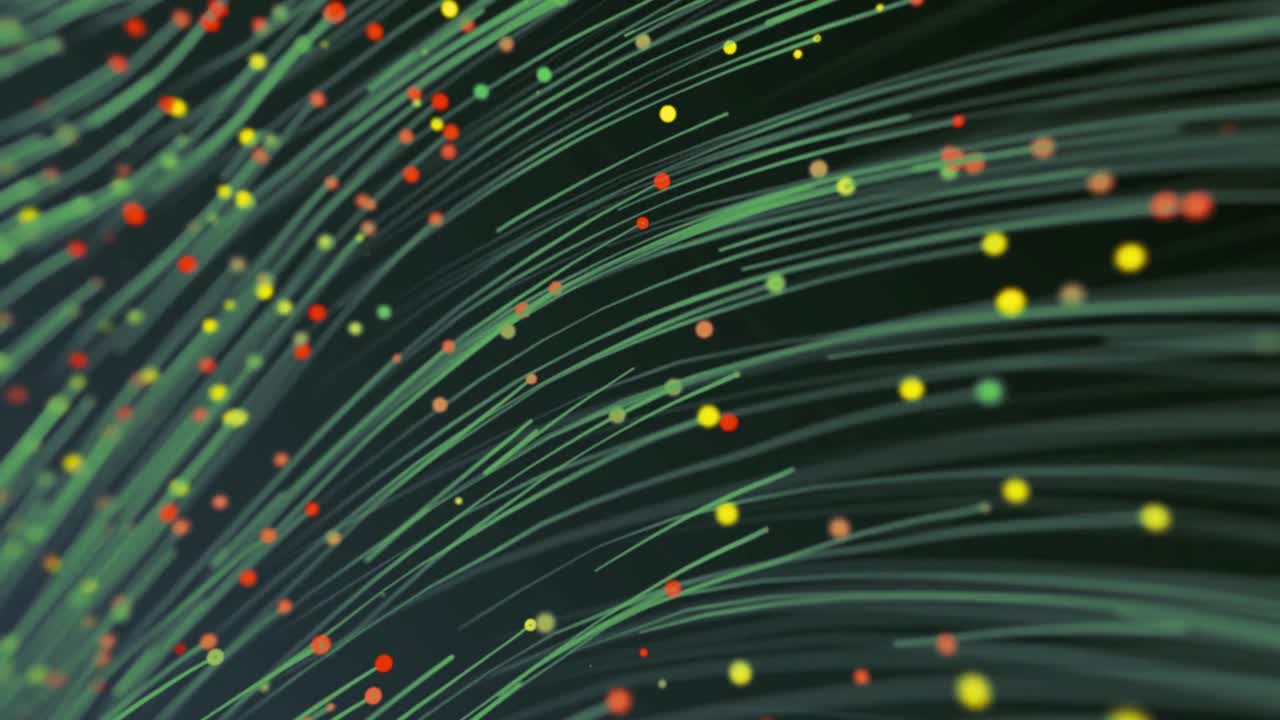 Abstrakt digital data, der strømmer gennem grønne linjer og farverige prikker