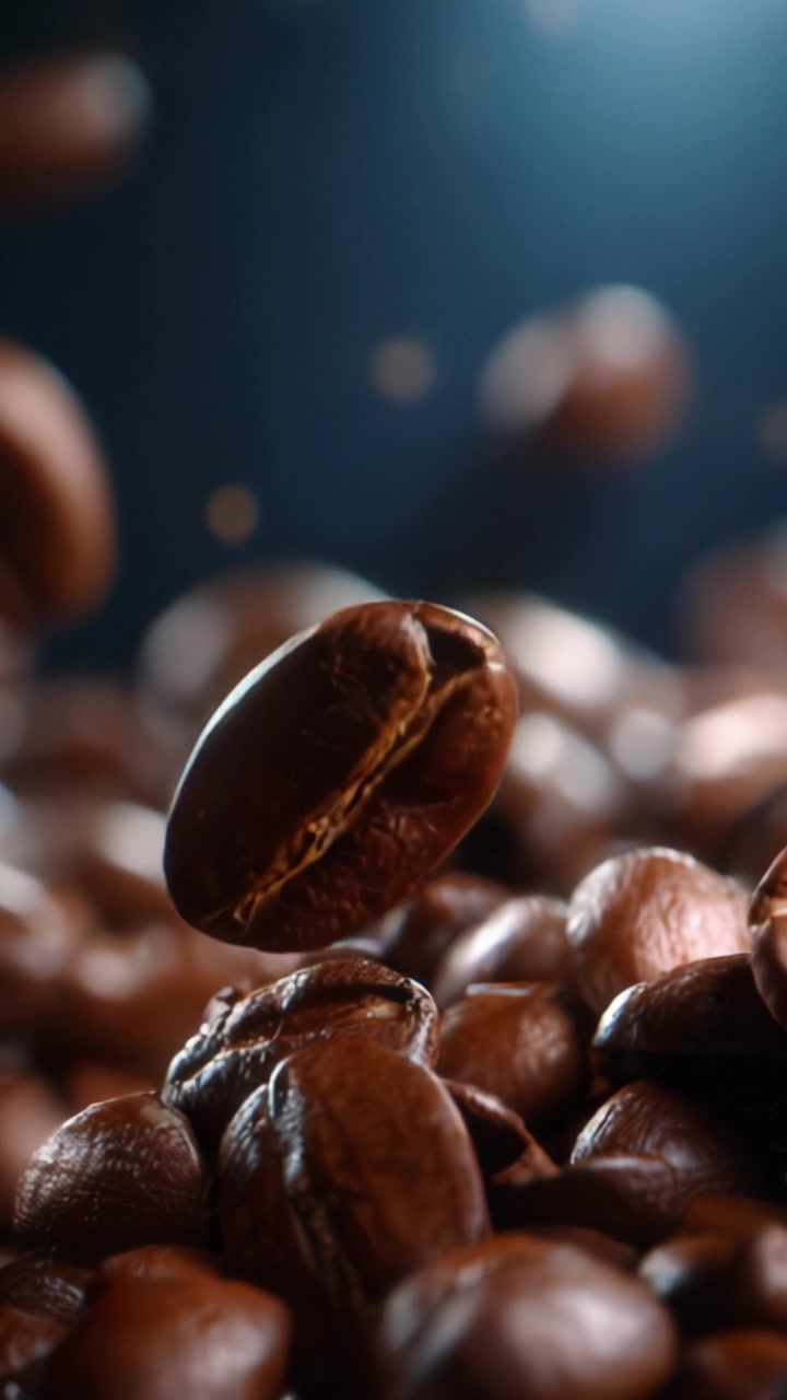 En svævende kaffebønne over en bunke ristede kaffebønner, der skinner i blødt lys, hvilket skaber en smuk og indbydende atmosfære perfekt for kaffeelskere.
