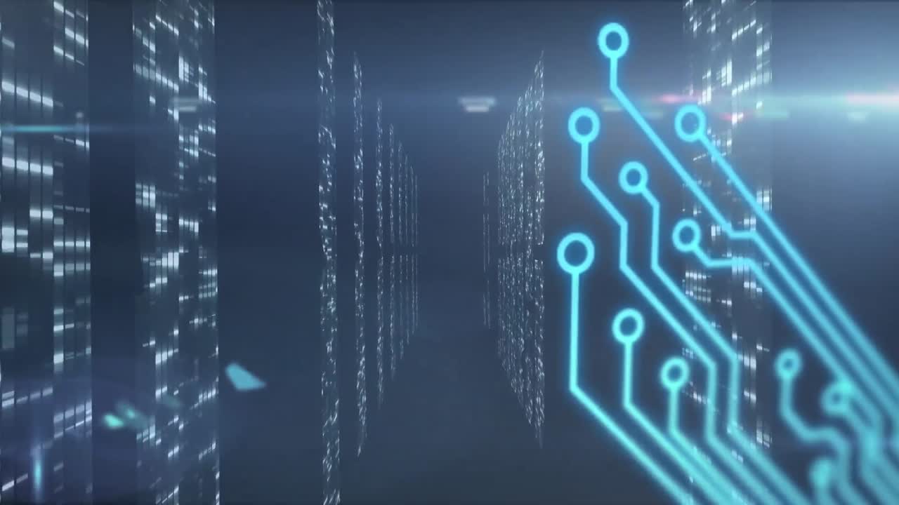 animación de una placa de circuito de computadora sobre columnas móviles sobre un fondo negro