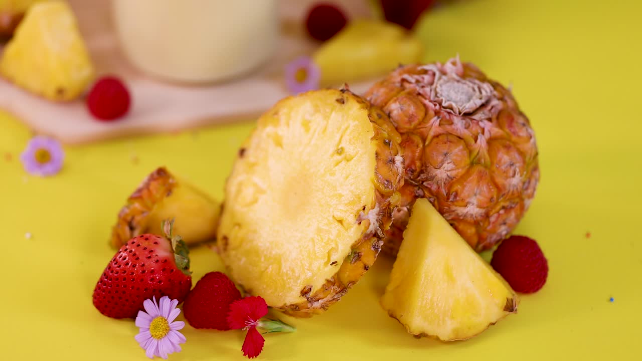 Pineapple, strawberries, and raspberries rotate on a bright yellow surface with soft studio lighting