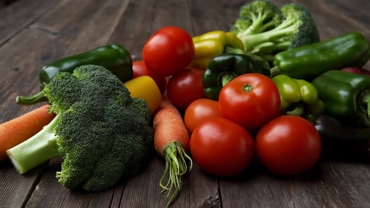 A vibrant assortment of fresh vegetables on a rustic wooden background