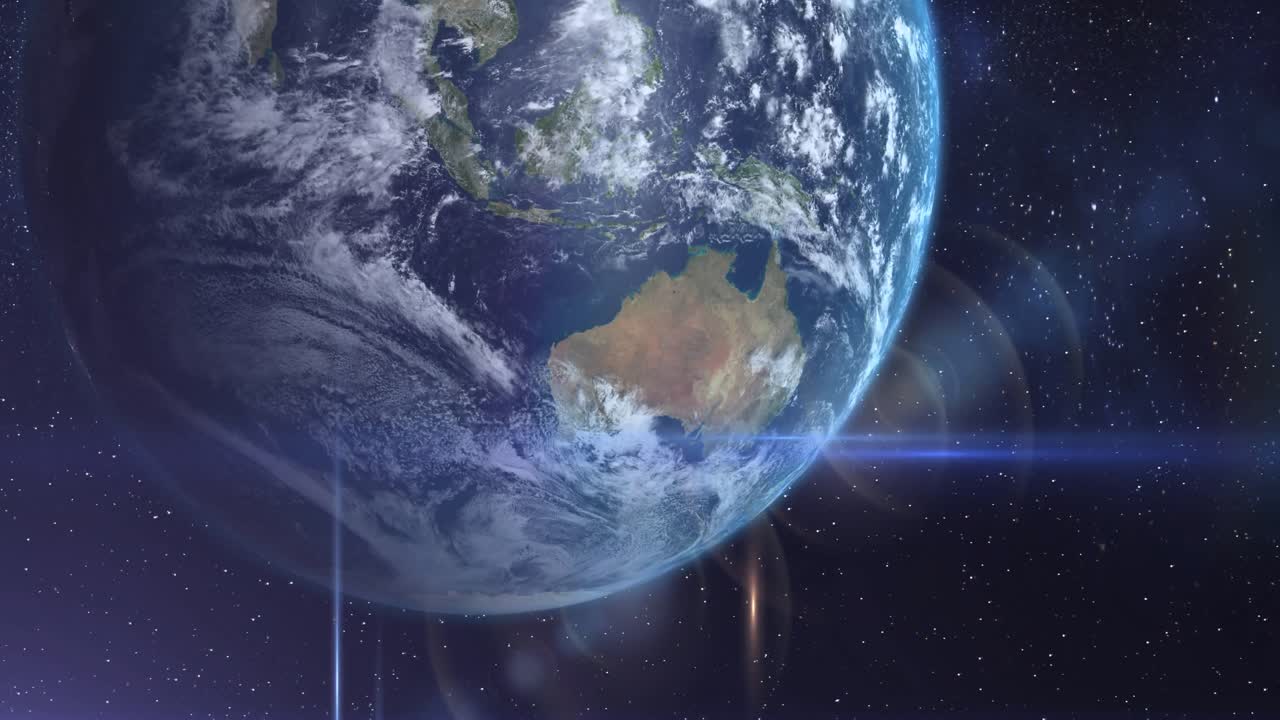 우주에서 지구 행성의 애니메이션과 우주에서 볼 수 있는 파란색의 반 ⁇ 이는 빛의 흔적