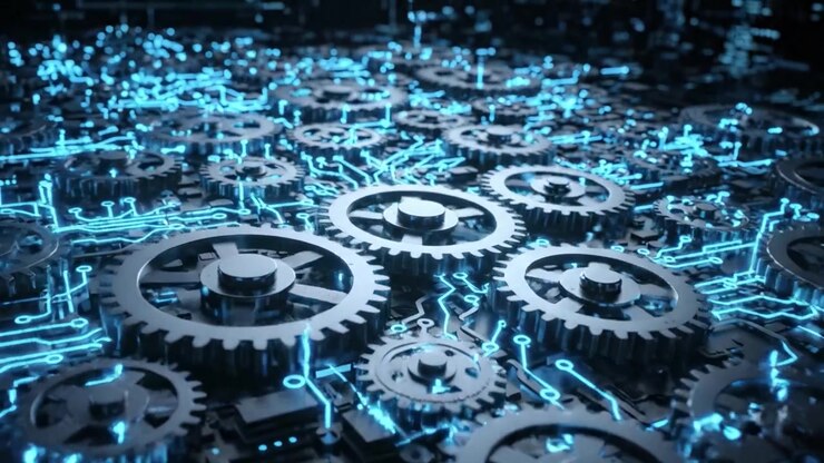 A Detailed Exploration of Interconnected Gears and Blue Circuitry in a Futuristic Mechanism, Showcasing the Intricate Design of Technology and Innovation