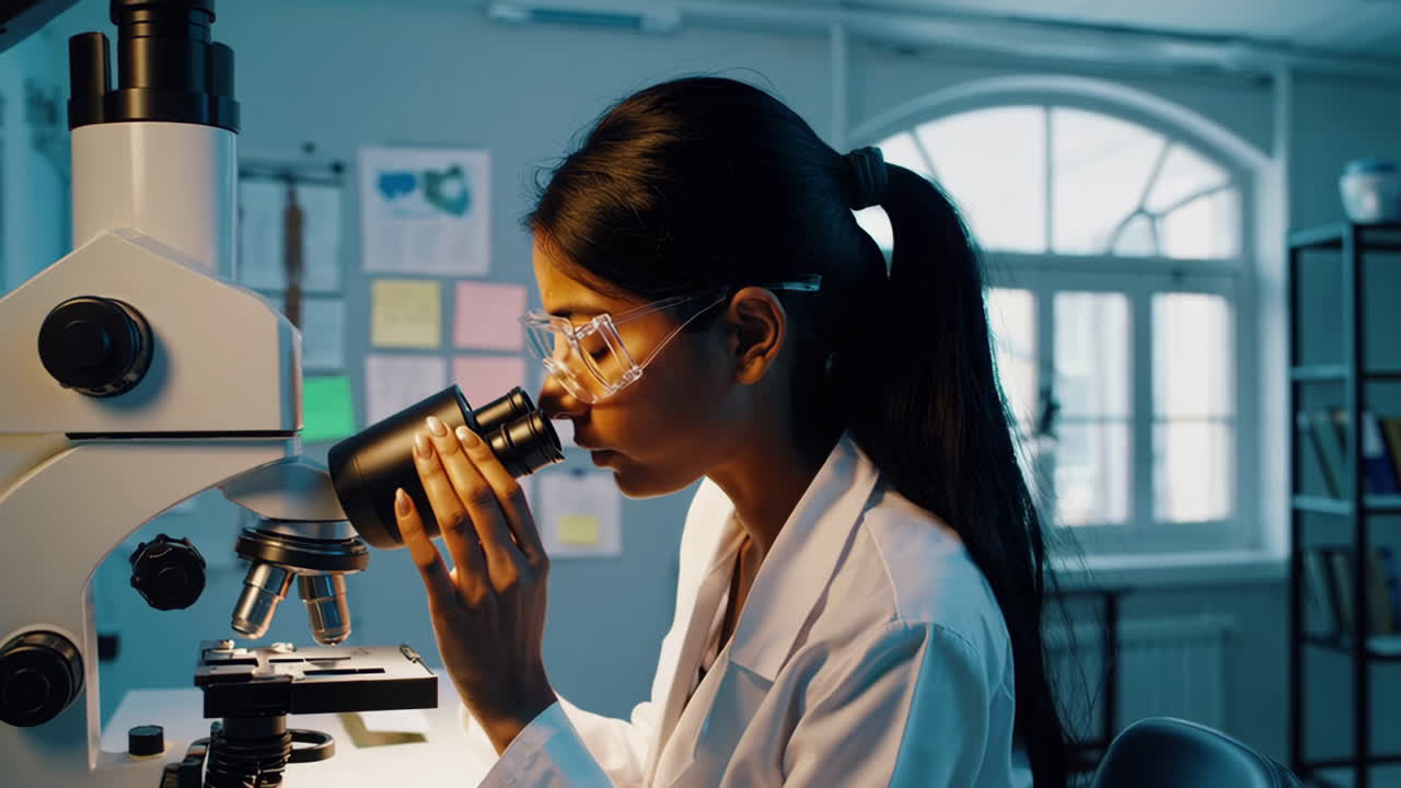 A female scientist examines a sample through a microscope in a laboratory