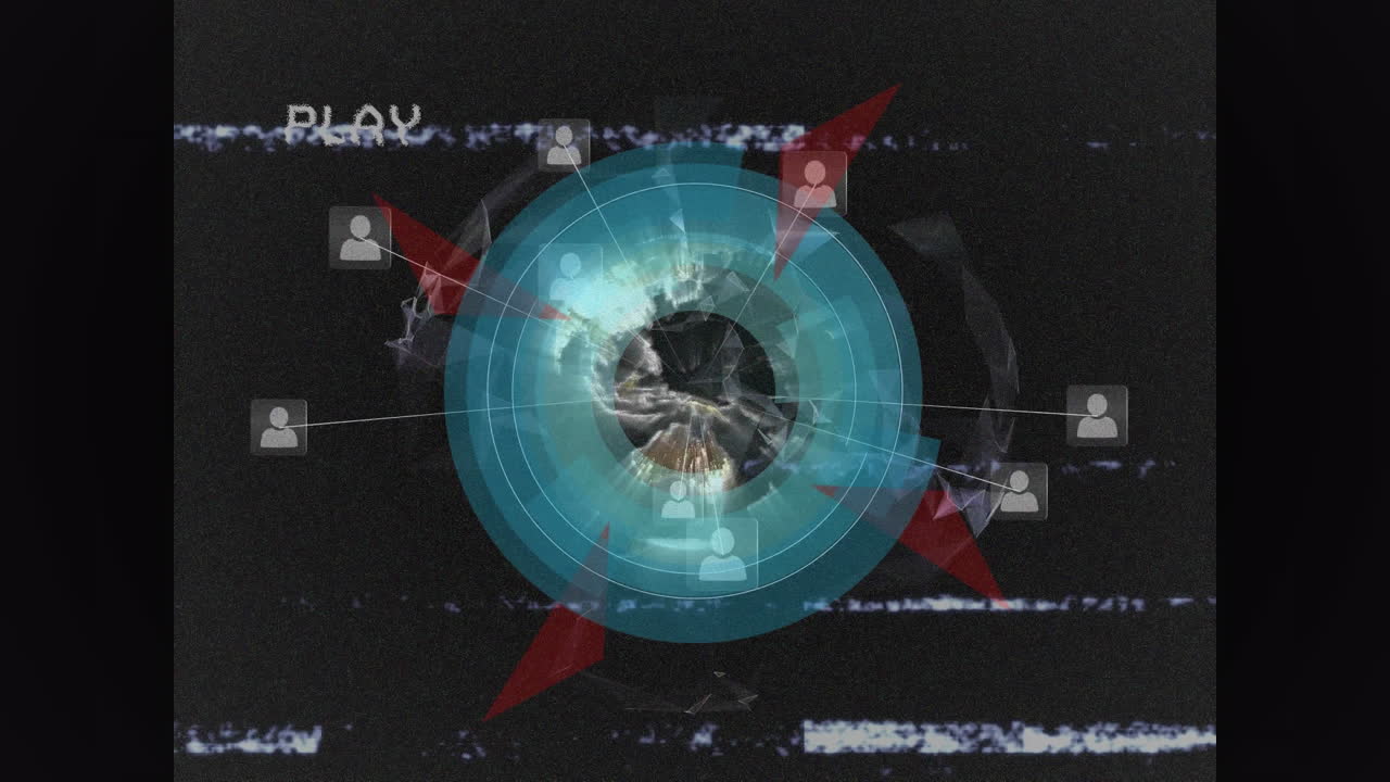 Animation of play digital interface on screen with glitch, globe and network of connections