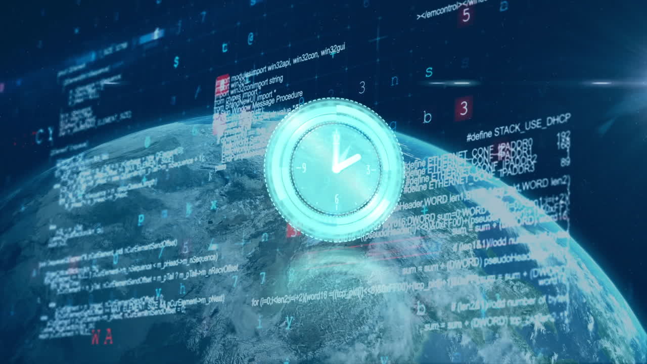 animación de reloj moviéndose sobre el globo, procesamiento de datos y sol sobre fondo azul