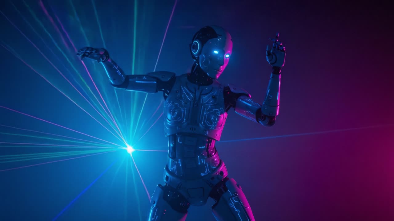 A Futuristic Robot Dances Under a Spectrum of Colorful Laser Lights, Blending Technology and Artistry in a Thrilling Visual Display of Movement and Motion