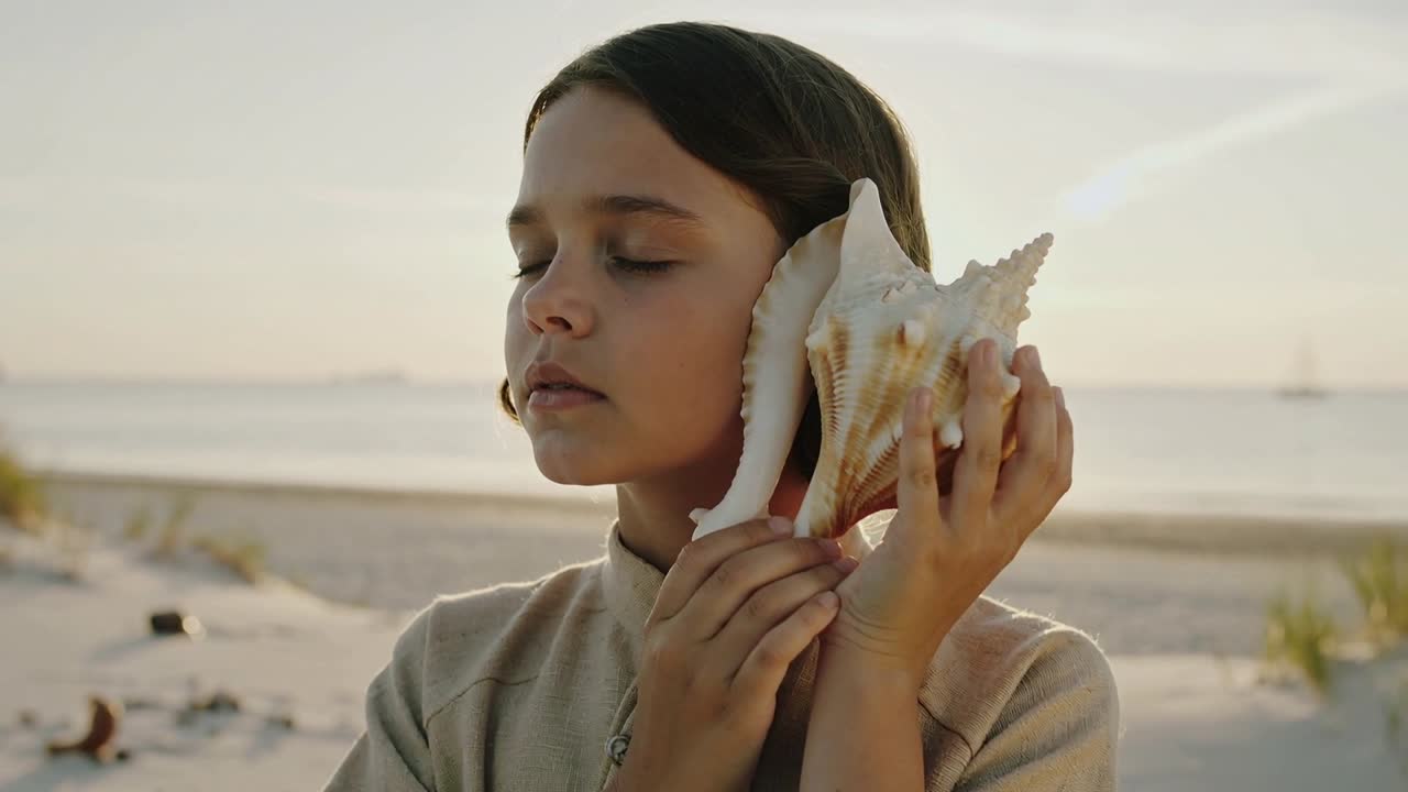 Bambino che solleva una conchiglia, la tiene all'orecchio destro e ascolta il mare, la telecamera si stringe, educazione.