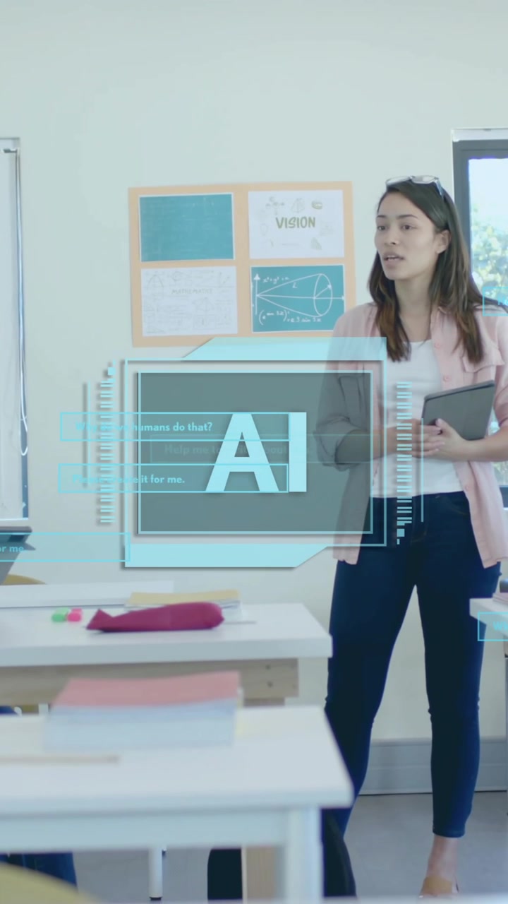 Animazione di elaborazione dati AI su studenti diversi a scuola