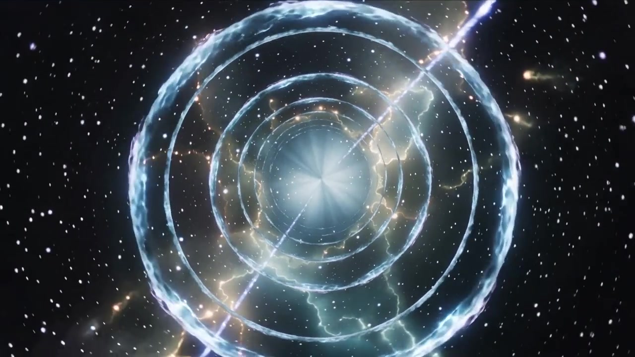 Un sistema di anelli concentrici pulsanti che risponde al bagliore del nucleo nello spazio profondo, emettendo archi elettrici su un fascio.