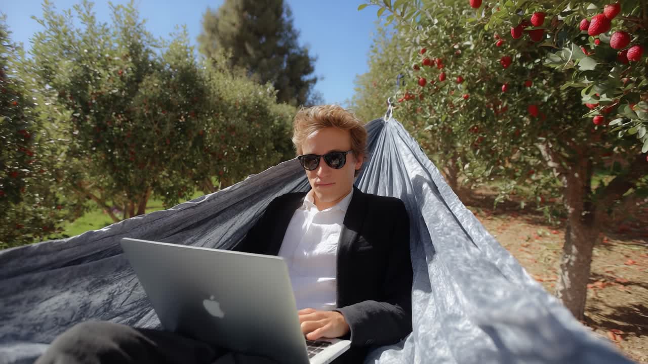A Person Enjoying a Peaceful Moment in Nature, Relaxing in a Hammock While Working on a Laptop Surrounded by Lush Greenery and Fruit Trees