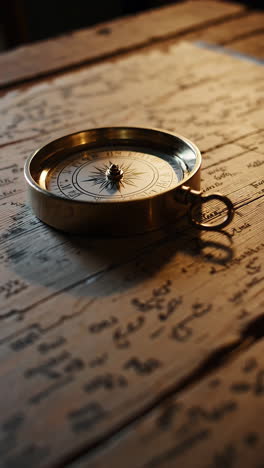 antique compass on a wooden table with inscriptions