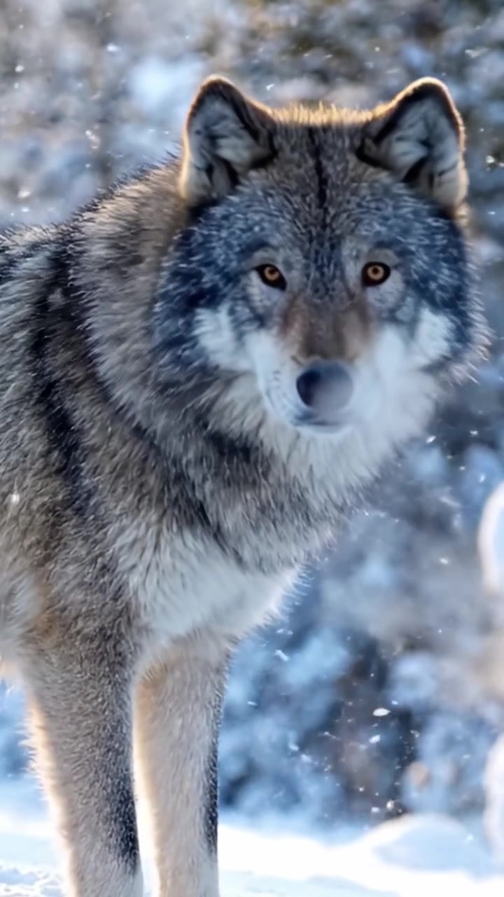 A Majestic Wolf Standing Proudly in a Winter Landscape, Surrounded by Snow-Blanketed Trees Under a Captivating Arctic Sky