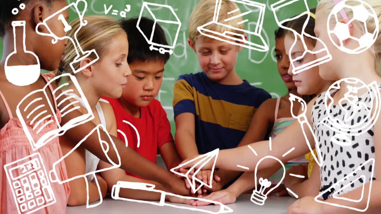 animación de iconos escolares sobre los escolares en la escuela