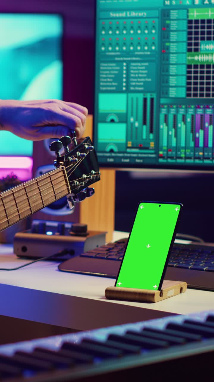 Accordatura manuale della chitarra accanto a uno smartphone con green screen in uno studio musicale