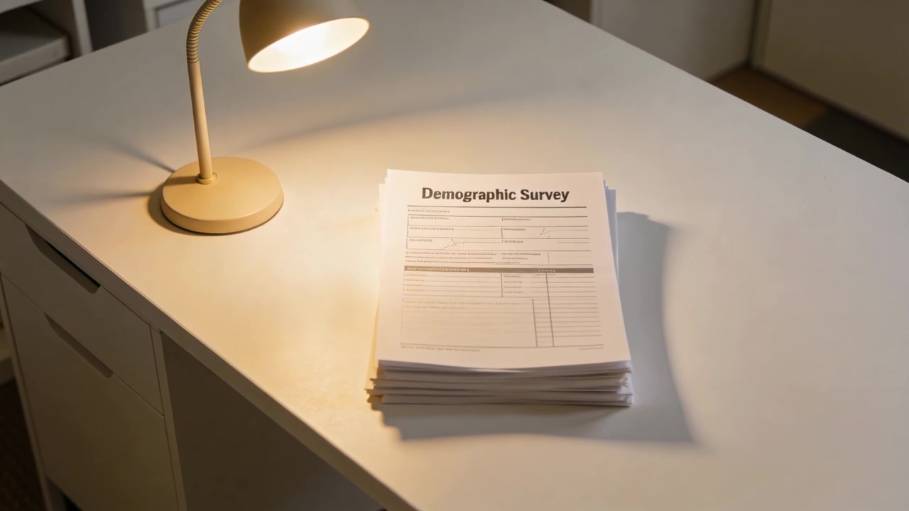 Panning camera bringing Demographic Survey stack toward center of white desk, lamp casting shadow