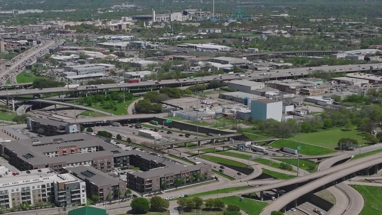 View of downtown Dallas from above with highways and buildings