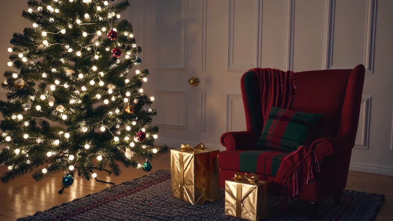 Cozy holiday scene featuring a beautifully decorated Christmas tree with twinkling lights beside a plush armchair and wrapped gifts, creating a warm festive atmosphere