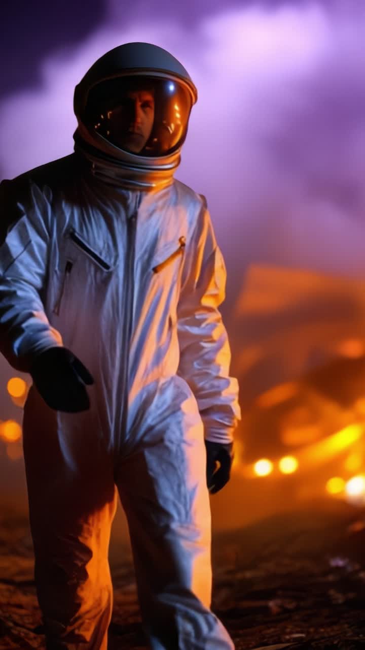 Un astronauta solitario explorando un misterioso y ardiente paisaje bajo un resplandor etéreo, encarnando el espíritu de aventura y lo desconocido en el vasto espacio exterior