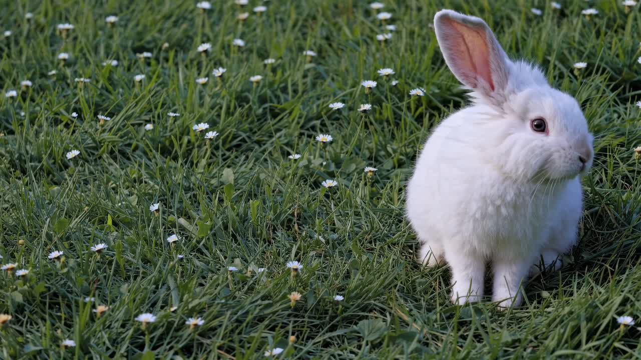 Ein weißes Kaninchen sitzt auf einer Wiese mit Gänseblümchen, aufgenommen aus einem niedrigen Winkel, rechte Seite