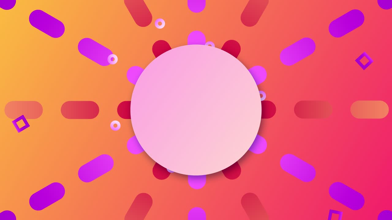 animación abstractamente colorida con espacio de copia para el texto. banner animado, líneas aleatorias y formas geométricas, colores amarillos y rosados de gradiente. círculo en blanco vacío, imágenes de stock en bucle, video