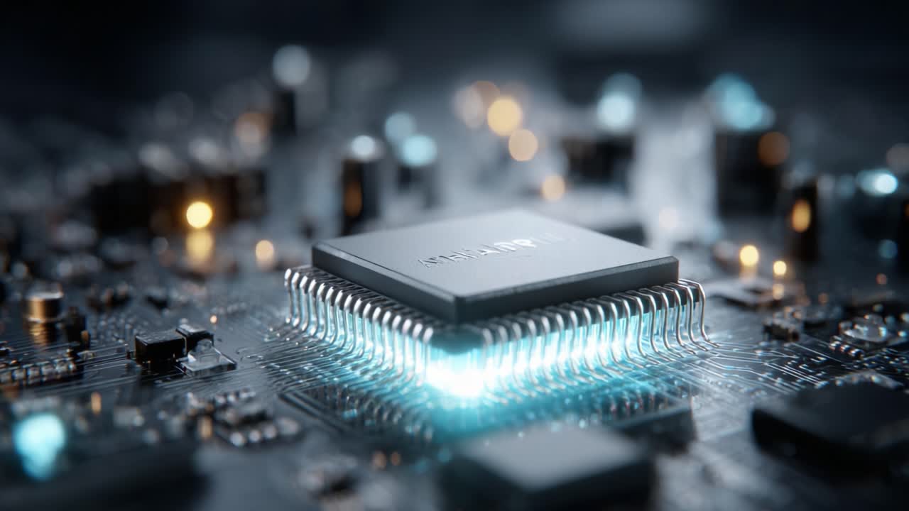 Close-Up of a Microprocessor Chip Illuminated on a Circuit Board, Showcasing Advanced Technology and Intricate Design Within a Digital Environment